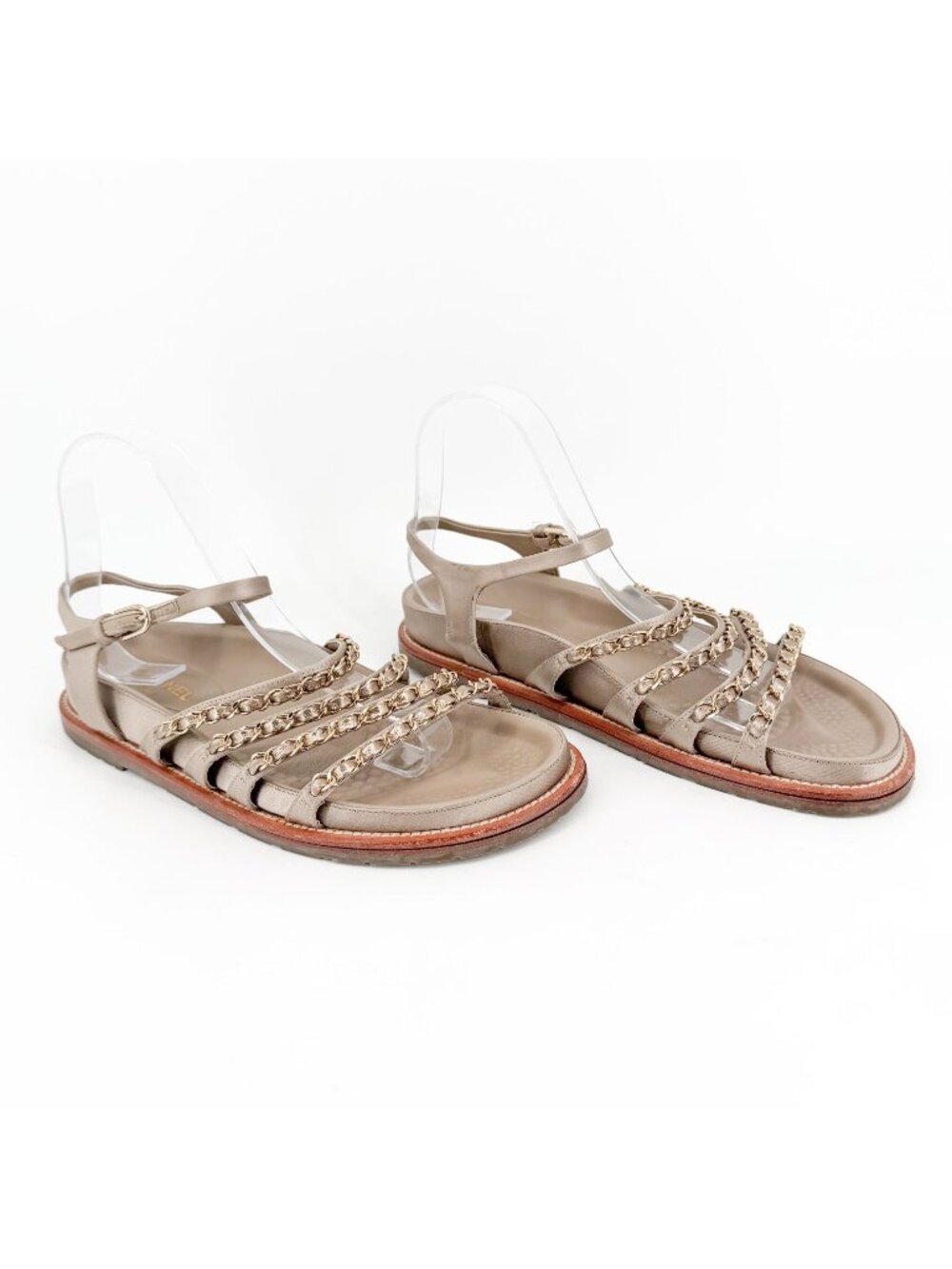 Chanel CC Chain Dad Sandals Champagne Satin Flat Size 38.5 US 7.5-8 Women’s